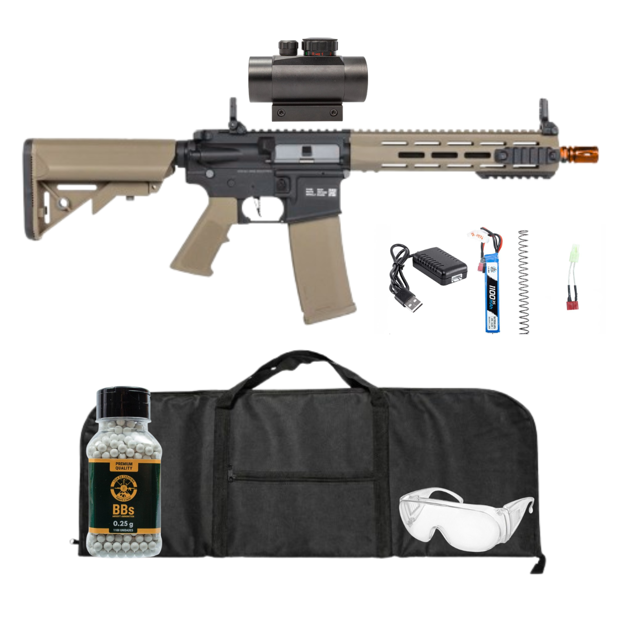 Rifle Airsoft M4 Specna Arms SA-F03 Flex Half Tan + Red Dot 1x30 + Capa + Oculos + BBs 0.25g