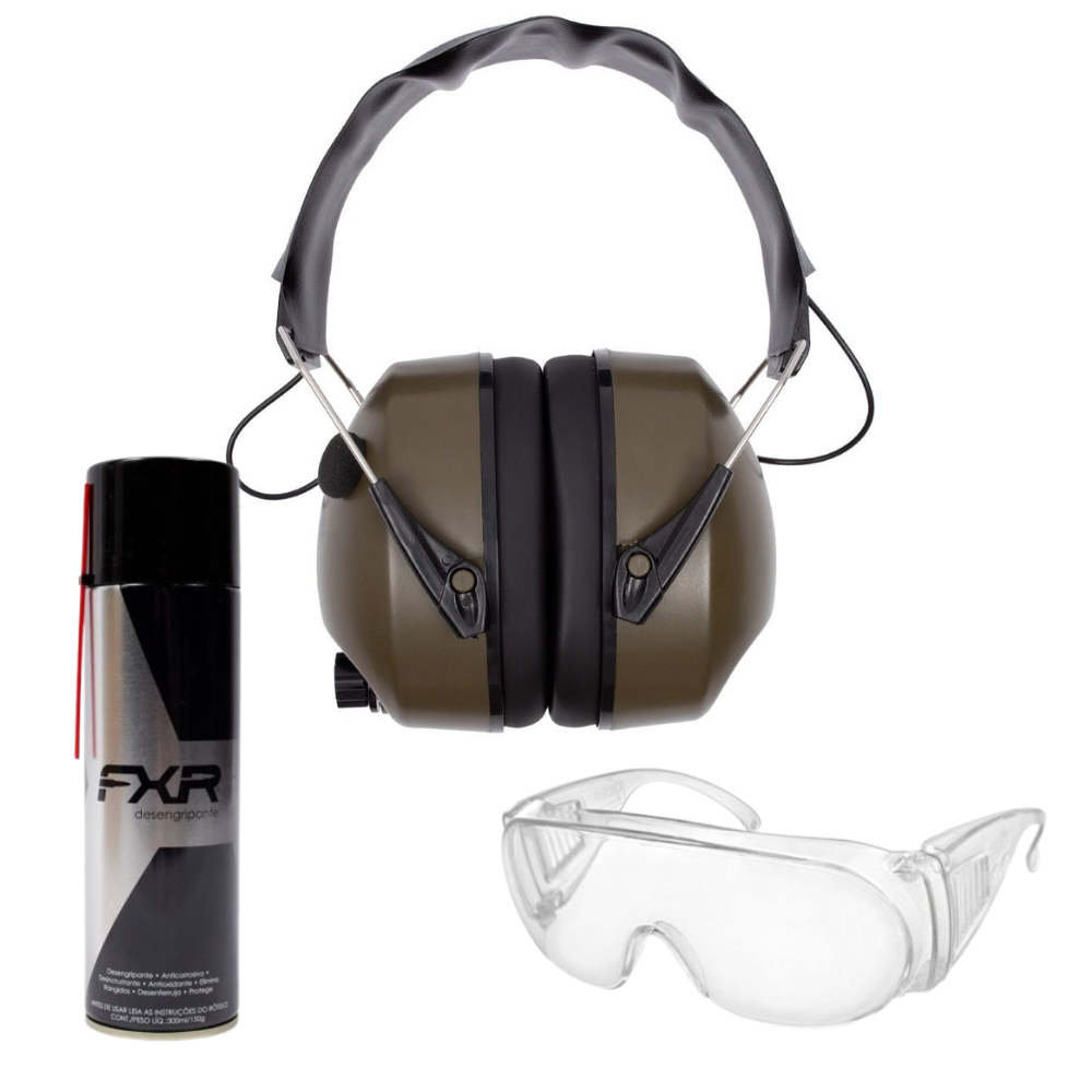 Abafador Eletrônico Som e Ruído 25 db FXR Tan + Óculos de Proteção Atirador FXR + Desengripante Spray FXR