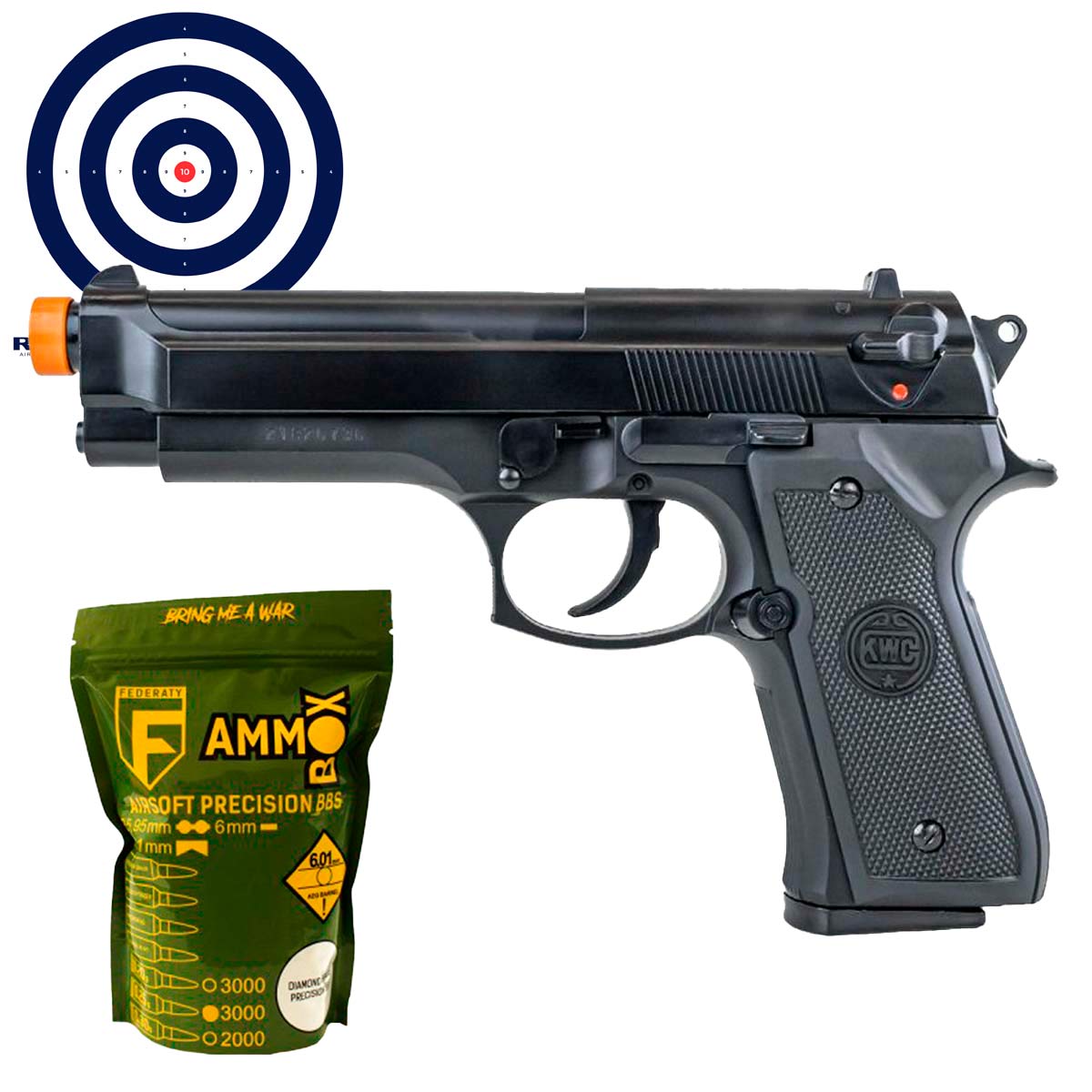 Airsoft Beretta M92 6mm KWC + BBs 0.20g + Alvos