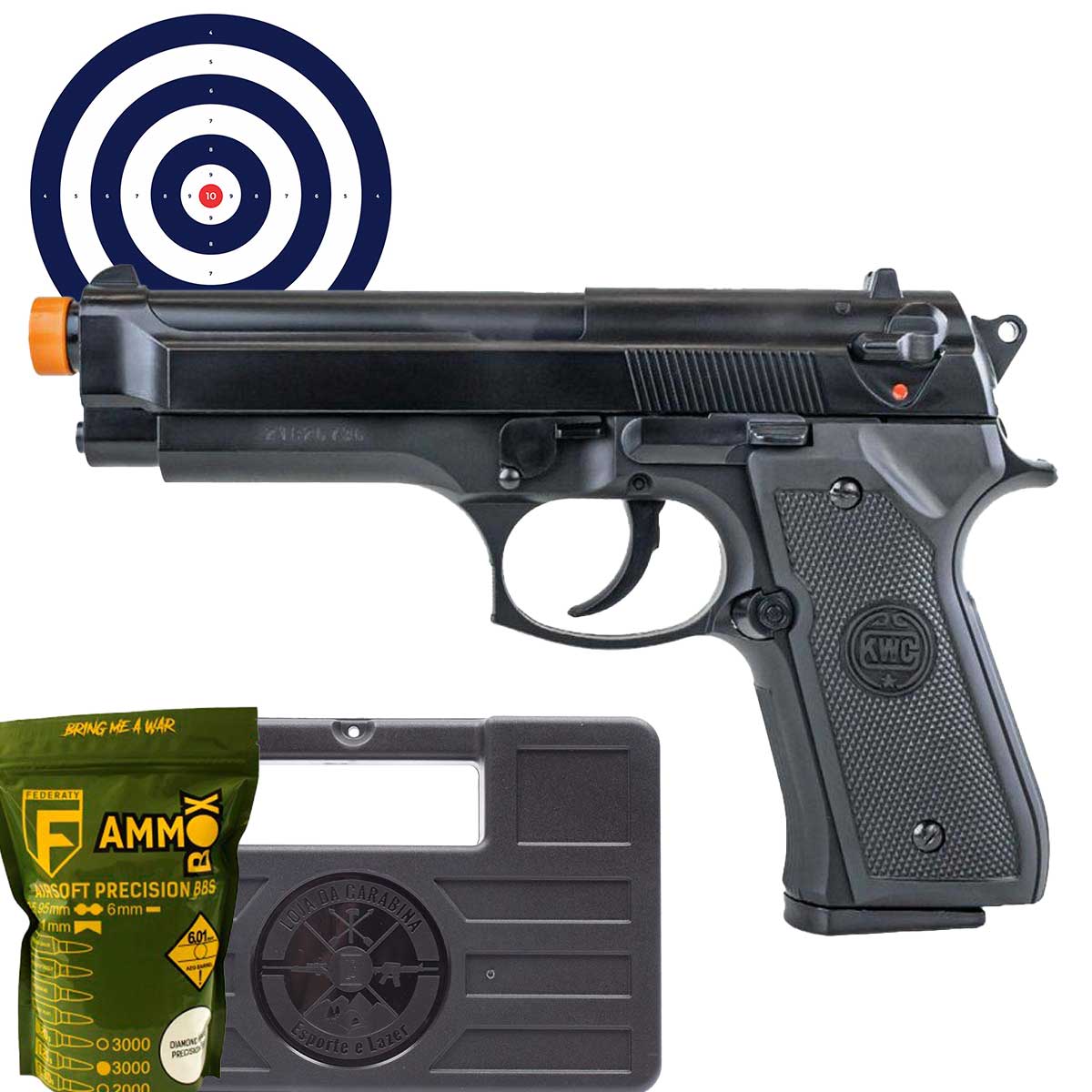 Airsoft Beretta M92 6mm KWC + Maleta Rigida + BBs 0.20g + Alvos