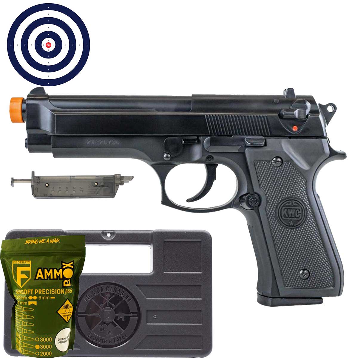 Airsoft Beretta M92 6mm KWC + Maleta Rigida + Speedloader  + BBs 0.20g + Alvos