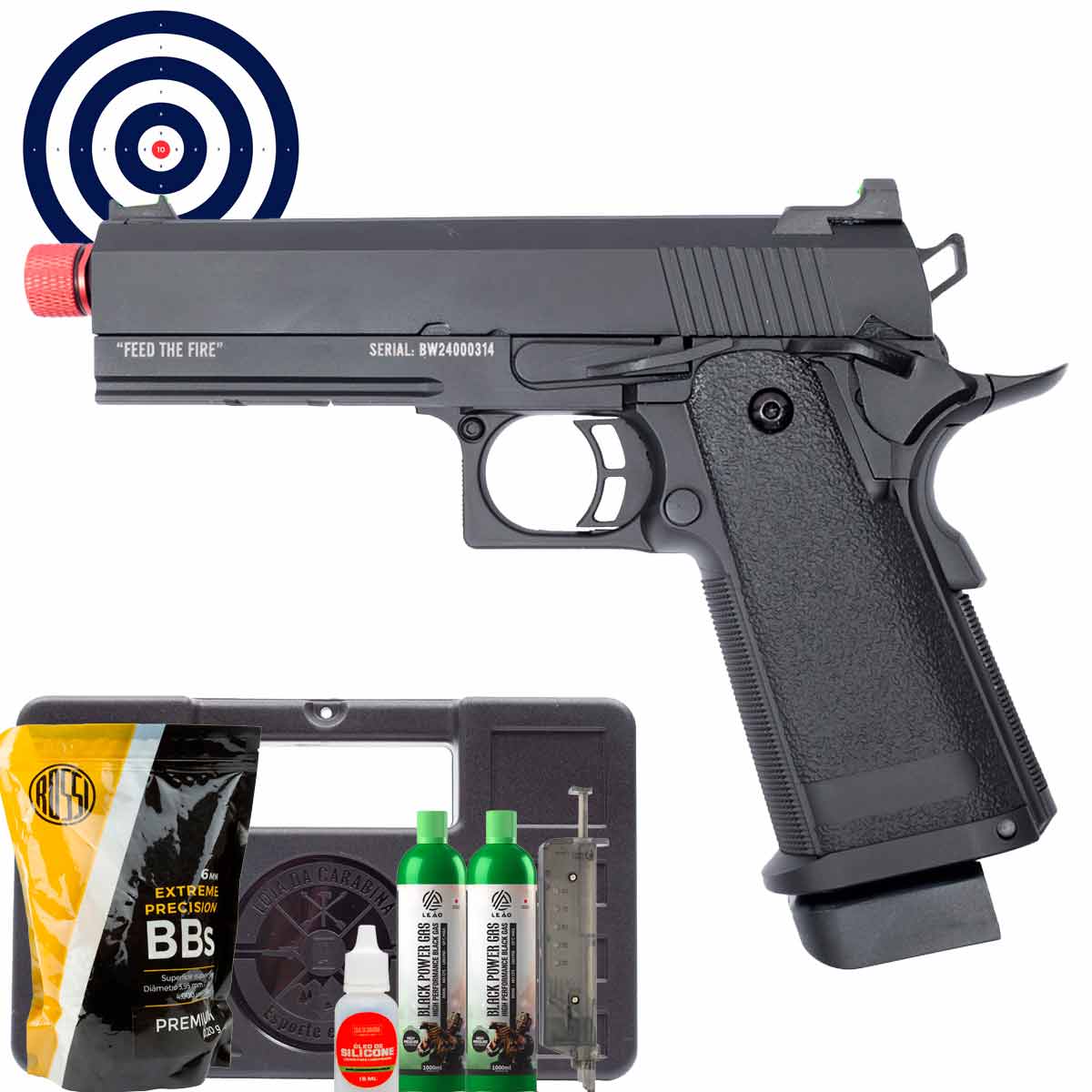 Airsoft GBB 1911 Black Whisper Blowback Full Metal + Case + Gas + Speedloader + 4000Un BBs + Oleo + Alvos