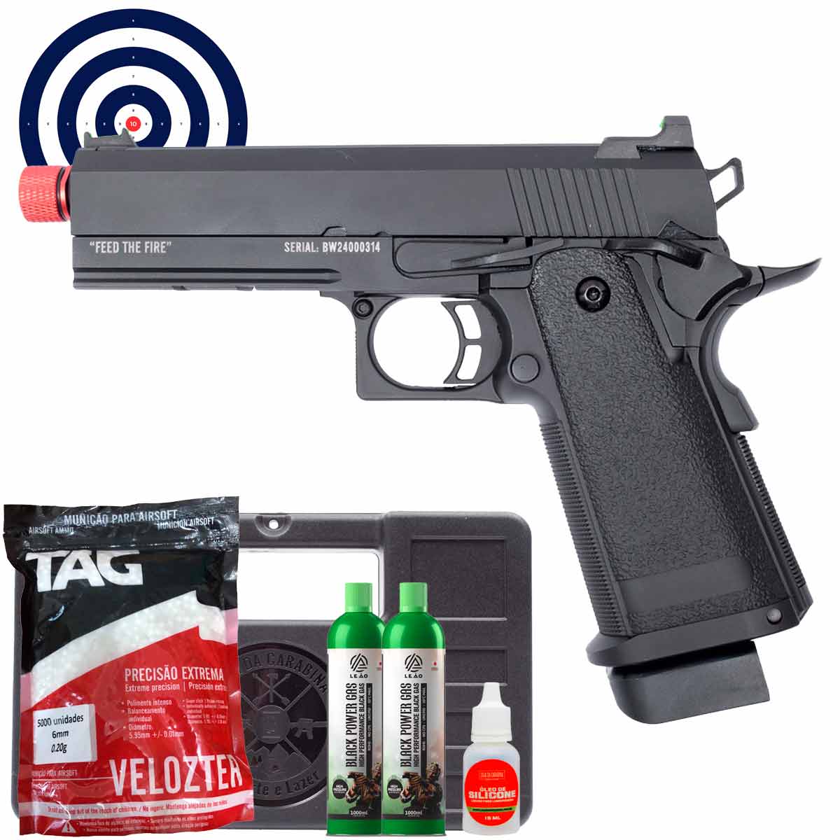 Airsoft GBB 1911 Black Whisper Blowback Full Metal + Case + Gas + Speedloader + BBs + Oleo + Alvos