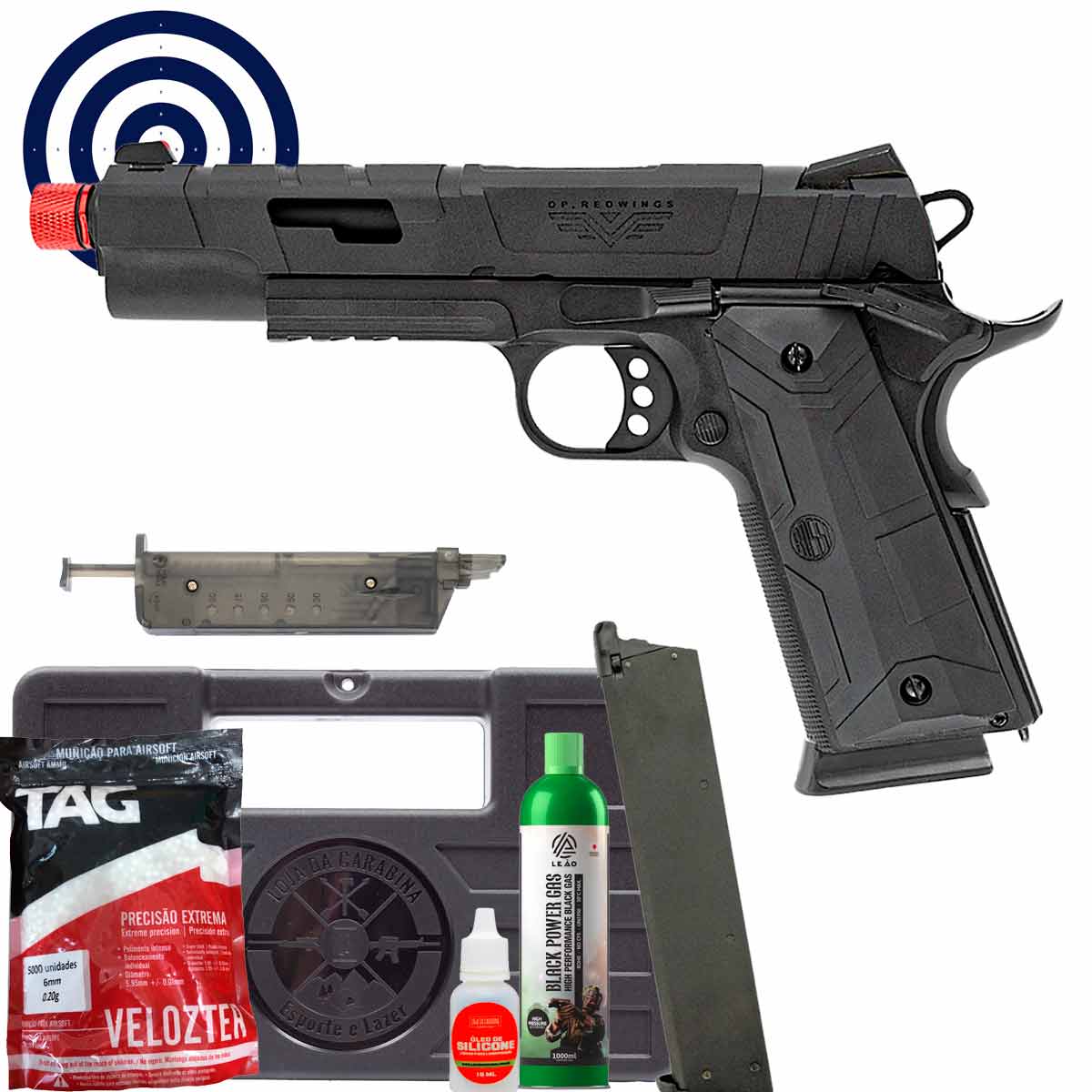 Airsoft GBB 1911 Redwings Rossi + Maleta + Green Gas + Speedloader + Magazine + BBs + Oleo + Alvos