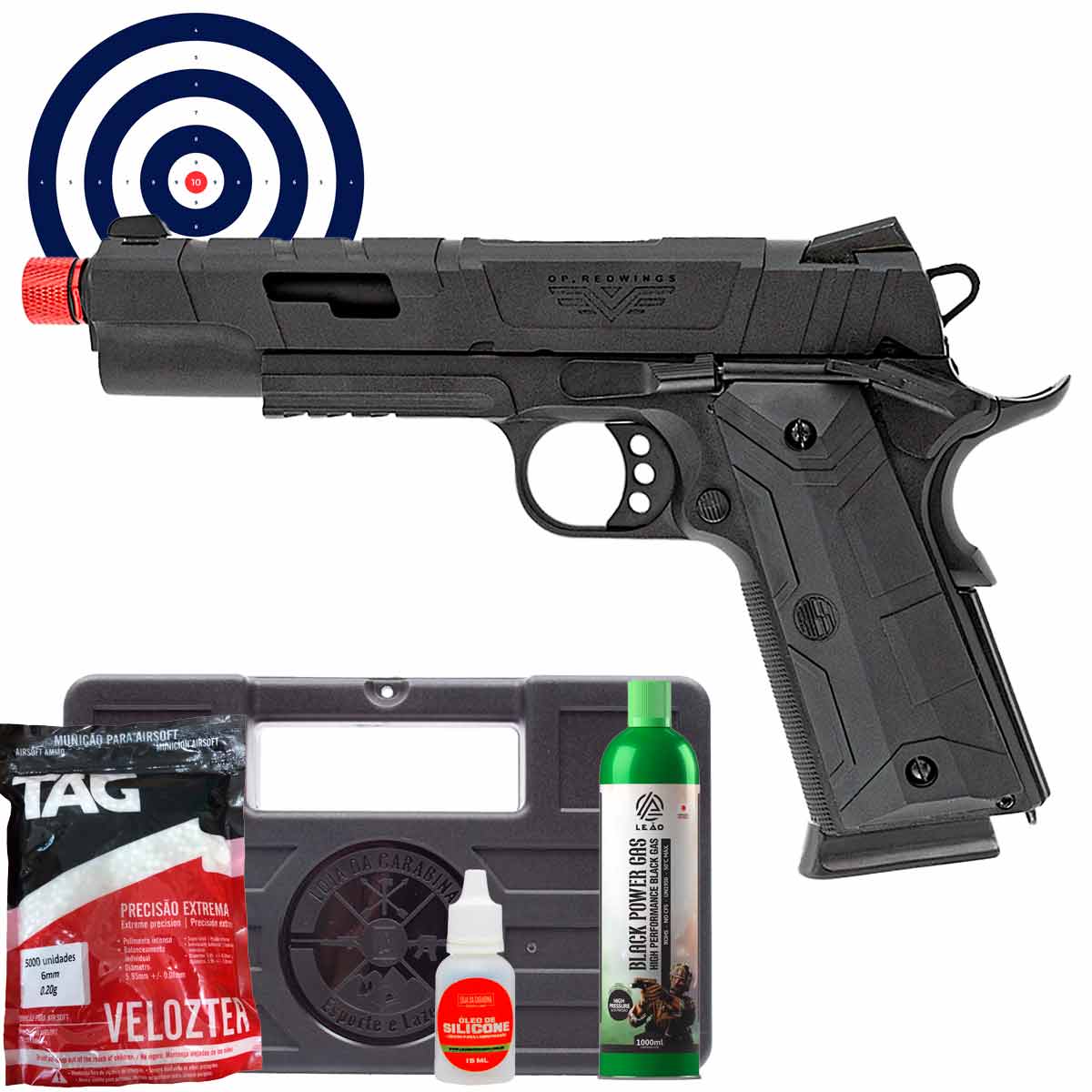 Airsoft GBB 1911 Redwings Rossi + Maleta Rigida + Green Gas + BBs 0.20g + Oleo + Alvos