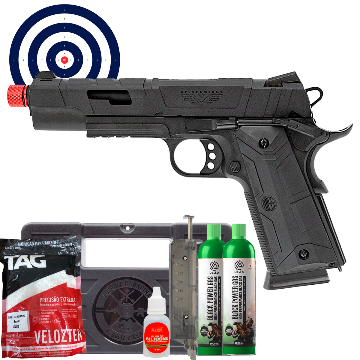 Airsoft GBB 1911 Redwings Rossi + Maleta Rigida + Green Gas + Speedloader  + BBs + Oleo + Alvos