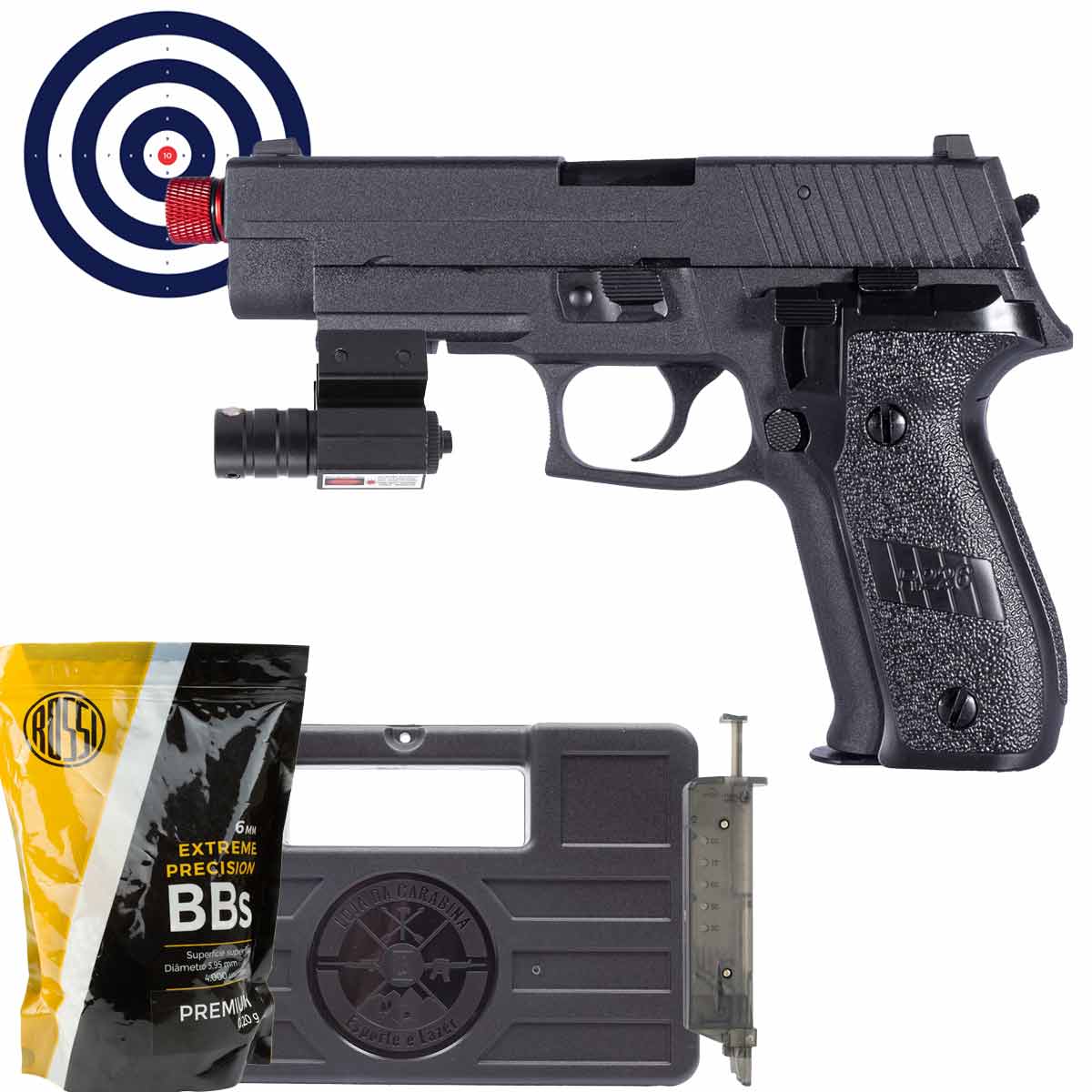 Airsoft GBB Full Metal P226 Rossi + Maleta Rigida + Mira Laser + Speedloader + BBs + Alvos