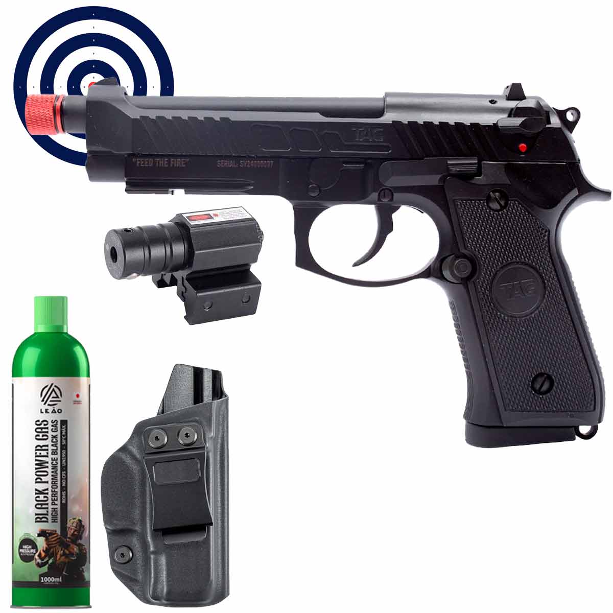 Airsoft GBB M92 Savage Full Metal e Full Auto TAG + Green Gas + Mira Laser + Coldre + Alvos