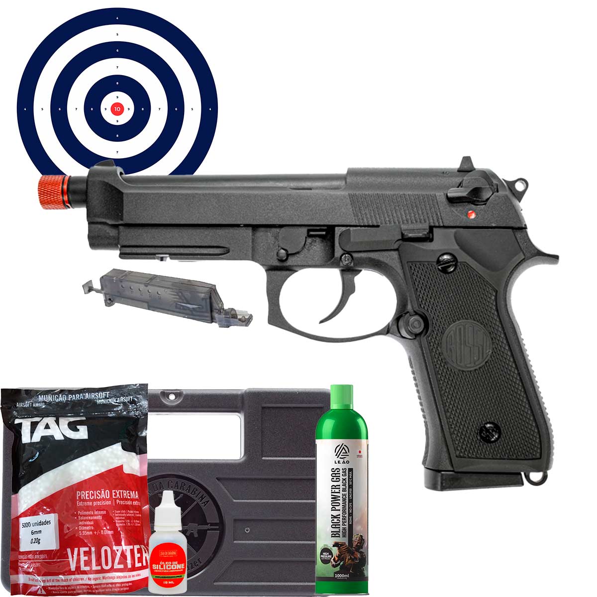 Airsoft GBB Rossi Beretta M92 Full Metal Full Auto + Maleta + Gas + Speedloader + BBs + Oleo + Alvos
