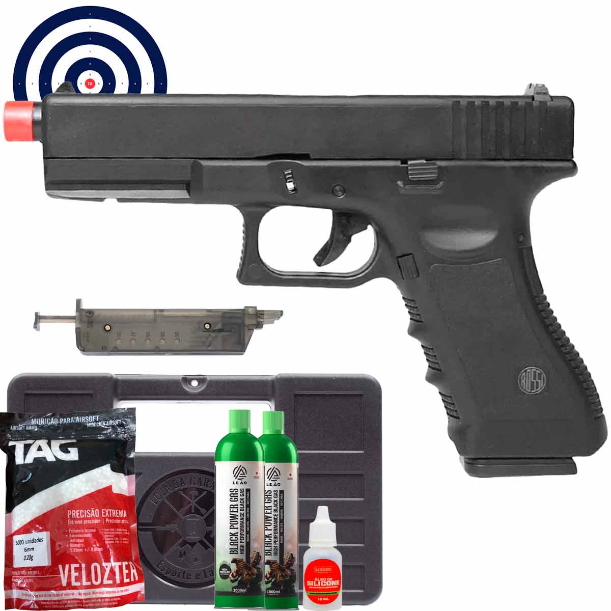 Airsoft GBB Rossi Glock V17 BlowBack 6mm + Maleta + Green Gas + Speedloader + BBs + Oleo + Alvos