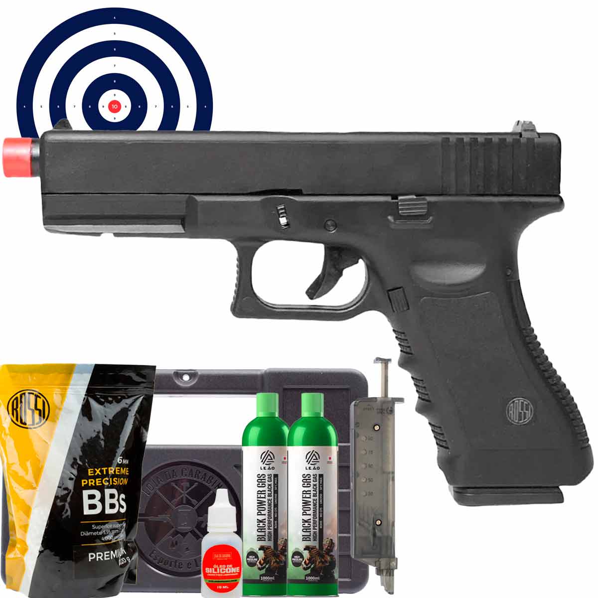 Airsoft GBB Rossi Glock V17 BlowBack 6mm + Maleta LC + Green Gas + Speedloader + BBs + Oleo + Alvos