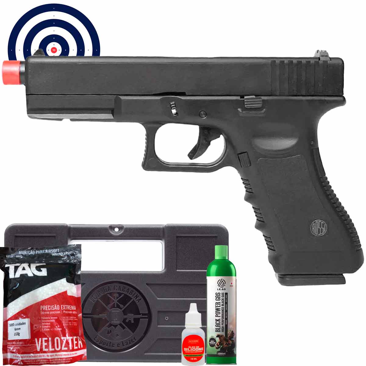 Airsoft GBB Rossi Glock V17 BlowBack 6mm + Maleta Rigida + Green Gas + BBs 0.20g + Oleo + Alvos