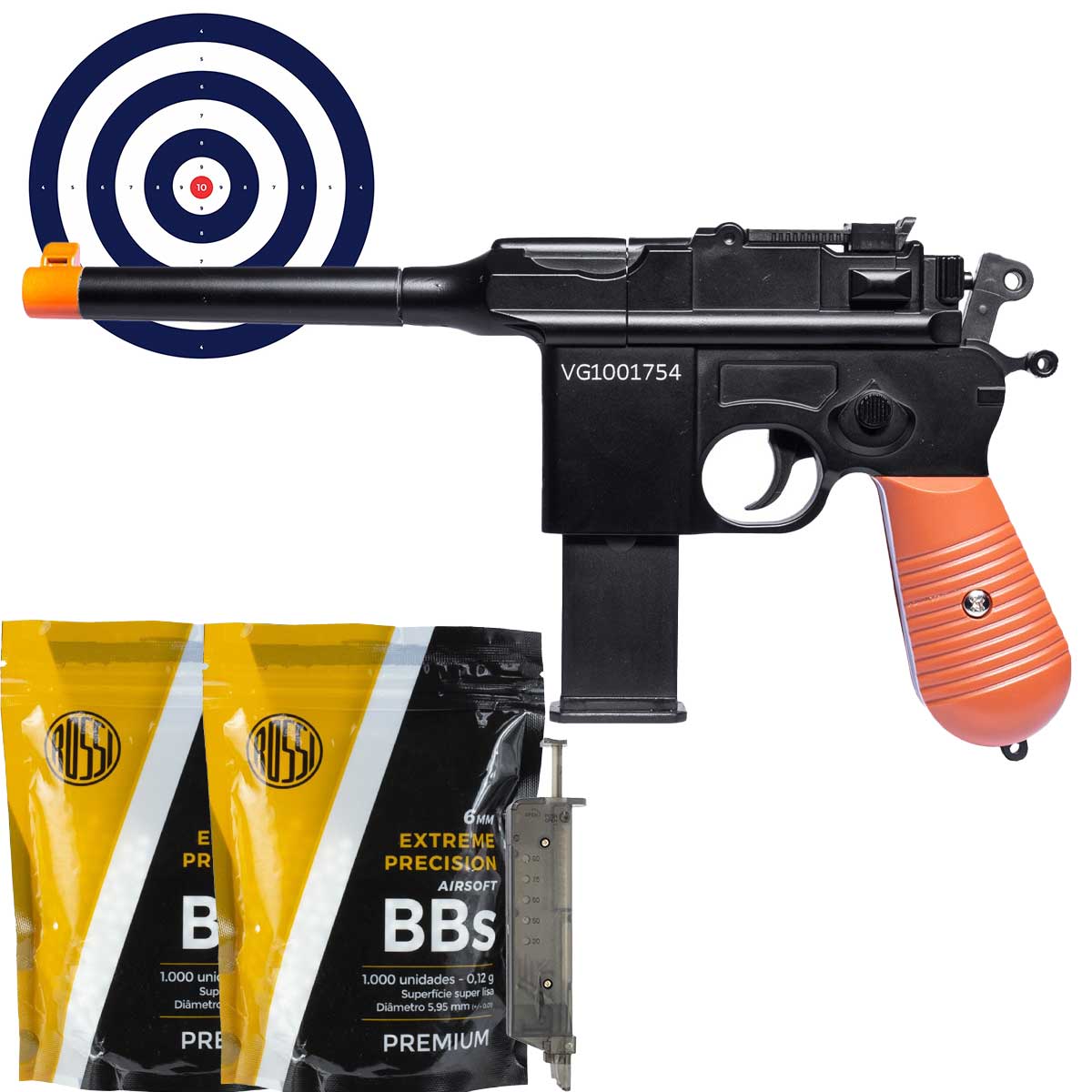 Airsoft Mauser Vigor C96 V10 Spring Full Metal + Speedloader + BBs 0.20g + Alvos