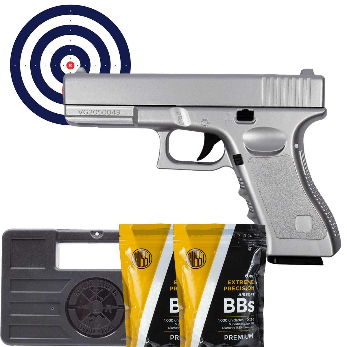 Airsoft Spring Full Metal Glock GK-V20 Silver 6mm + Maleta LojaDaCarabina + BBs 0.12g + Alvos