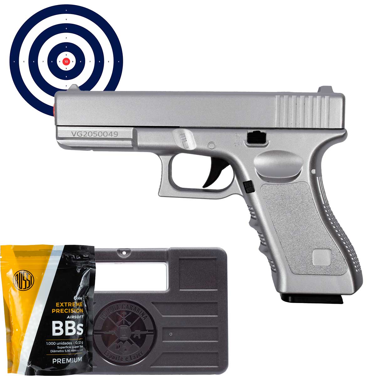 Airsoft Spring Full Metal Glock GK-V20 Silver 6mm + Maleta Rigida + BBs 0.12g + Alvos