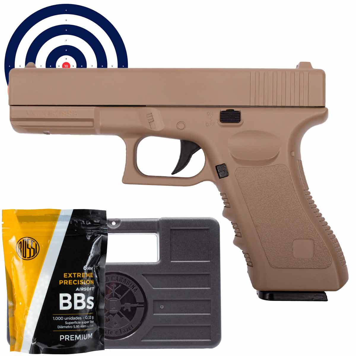 Airsoft Spring Full Metal Glock GK-V20 Tan + Maleta Rigida + BBs 0.12g + Alvos