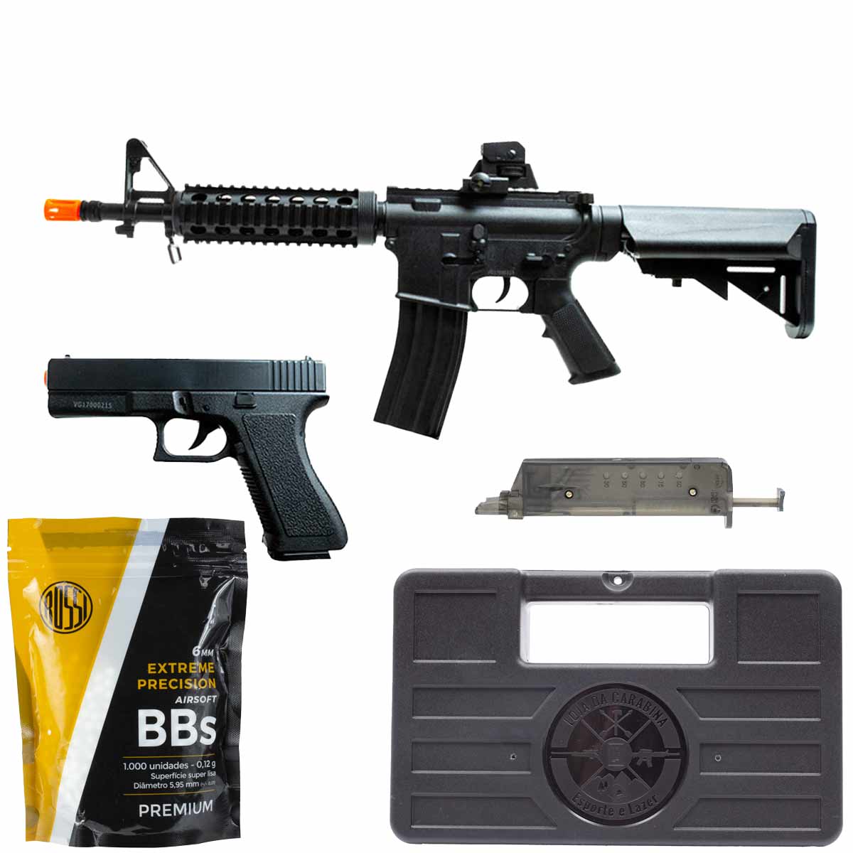 Airsoft Spring M4A1 + Pistola Spring V307 Vigor + Speed Loader + BBs + Capa Rossi