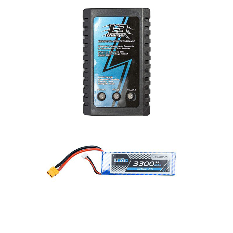 Carregador para Bateria LIPO L3 2S/3S + Bateria Lipo 11.1V 3S 3300mAh 30 60C XT60