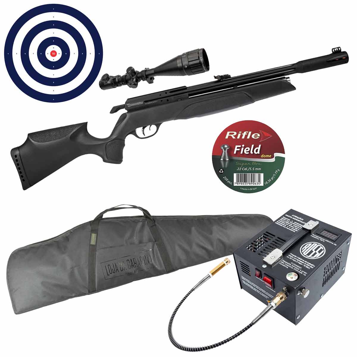 Carabina de Pressão PCP Gamo Arrow 5.5mm + Luneta 6-24x50 + Capa + Compressor + 250Un Chumbinho + Alvos