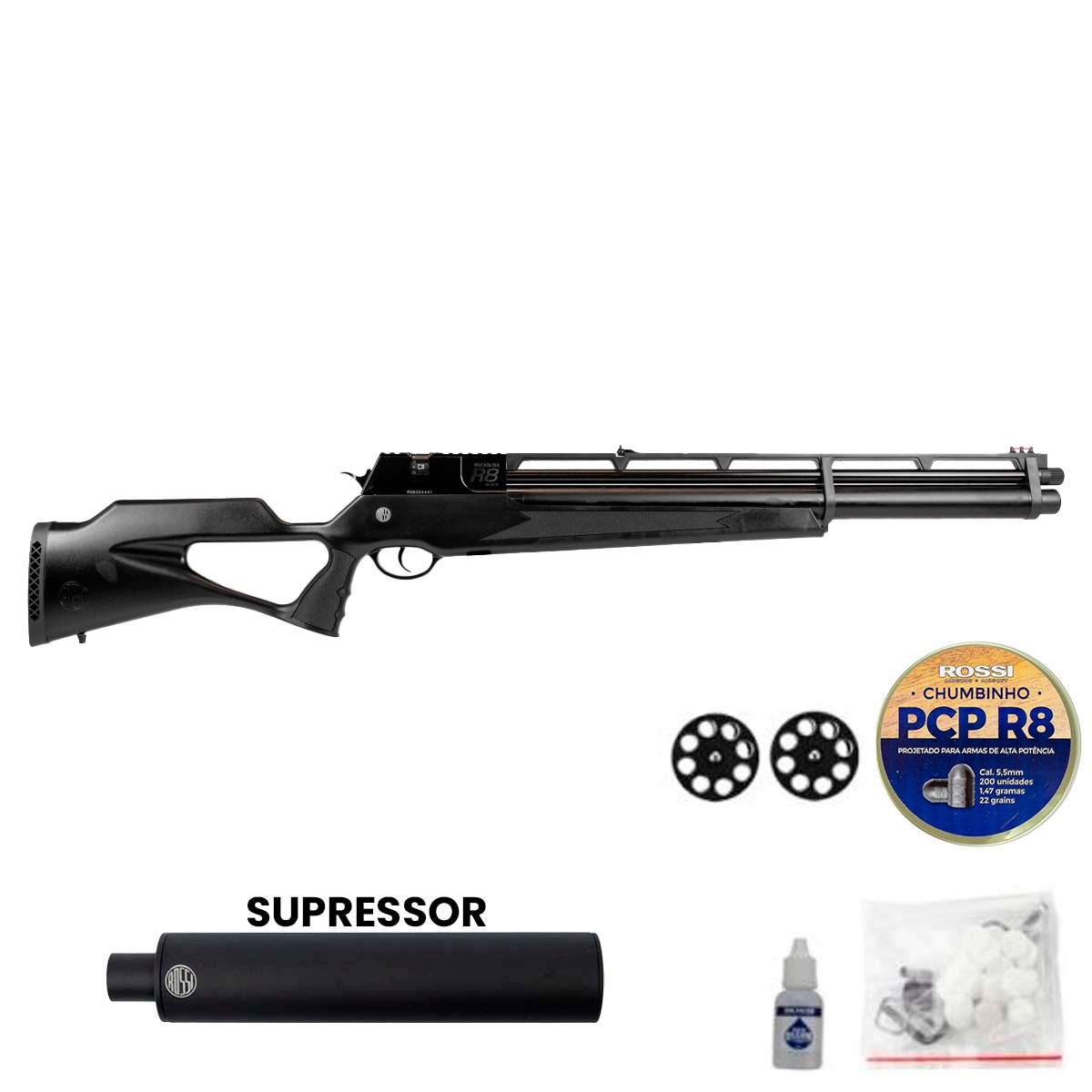 Carabina de Pressão PCP Rossi R8 Black 5.5mm Alto Fluxo 275 Bar