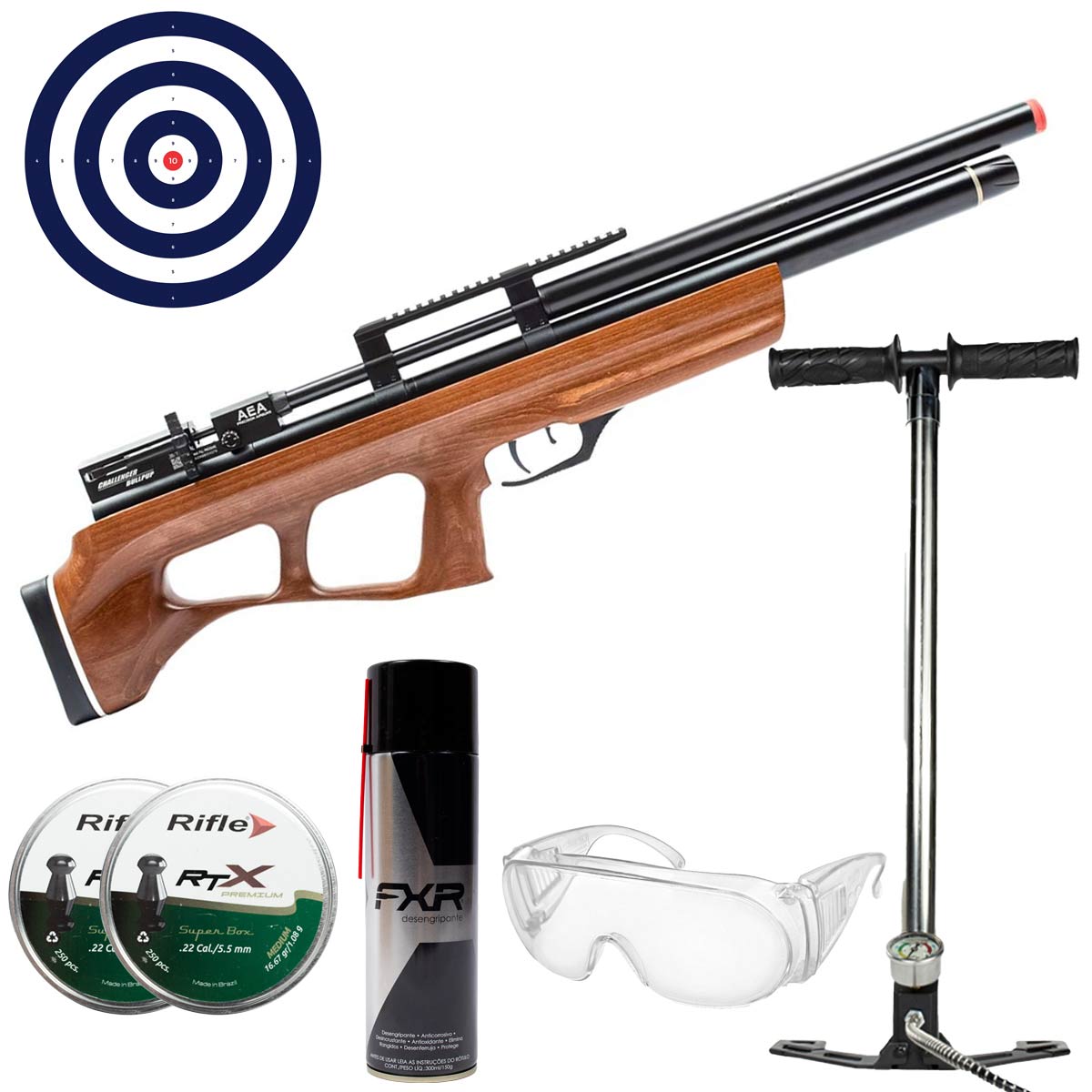 Carabina PCP Challenger Bullpup AEA 5.5mm + Bomba Manual + 500Un Chumbinhos + Óculos + Desengripante + Alvos