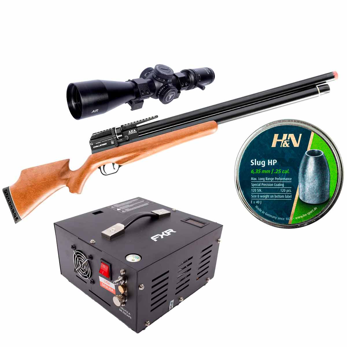 Carabina PCP Challenger Nova AEA 6.35mm + Compressor Trivolt + Luneta AR 4-16x44 + Chumbinhos