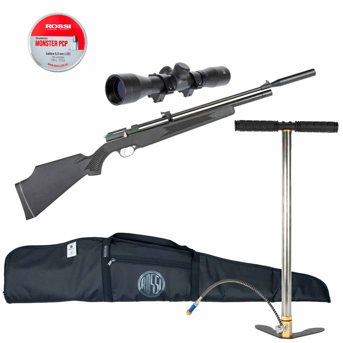 Carabina PCP PR900S G2 5.5mm + Bomba Manual 300 BAR + Luneta 4x32 Rossi + Capa + 150Un Chumbinhos