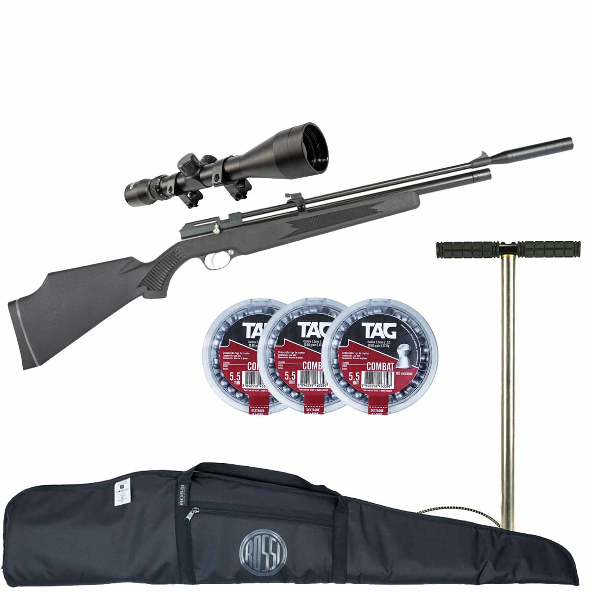 Carabina PCP PR900S G2 5.5mm + Luneta 3-9x40 + Capa + Bomba Manual Rossi + 300un Chumbinho