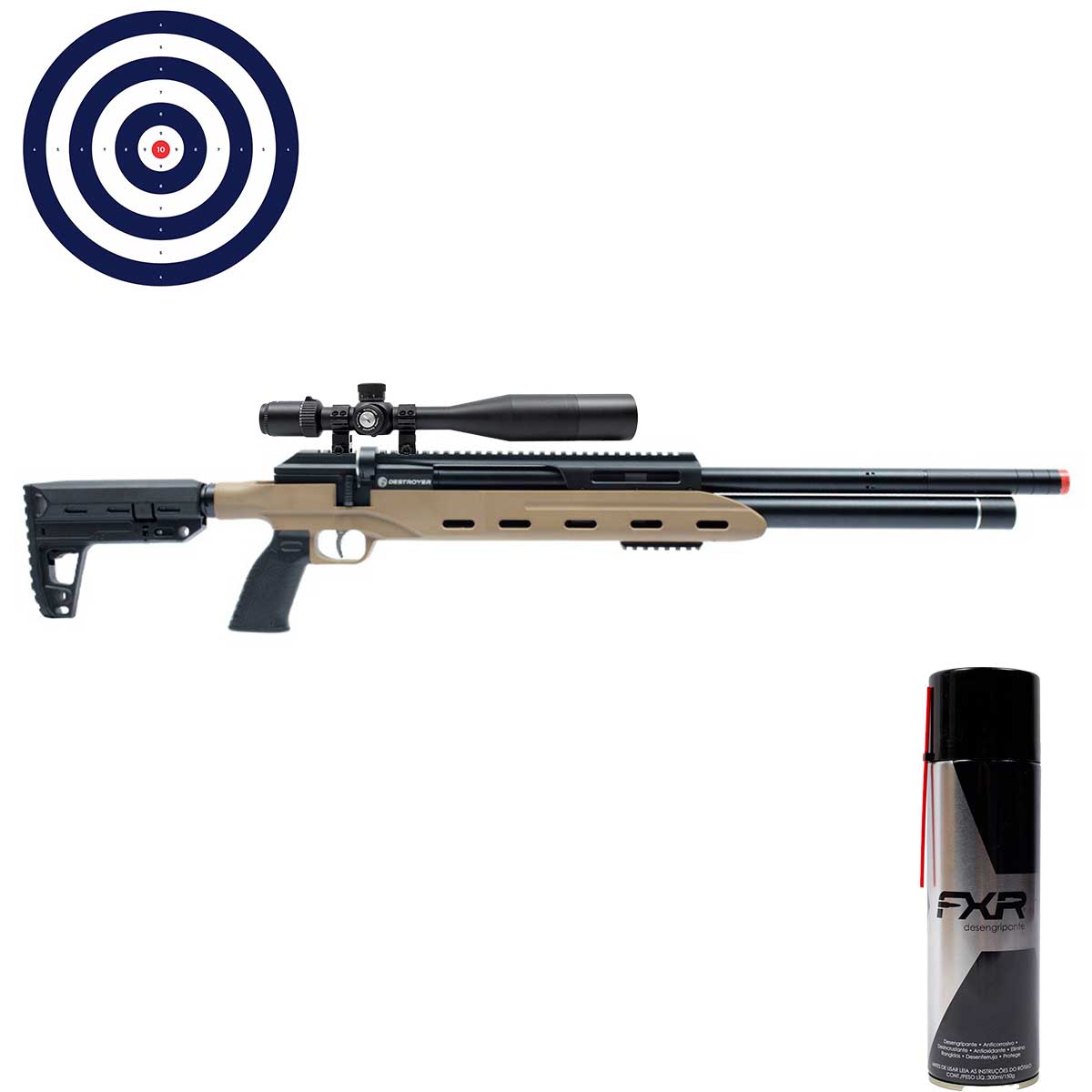 Carabina PCP Rossi Destroyer M50 6.35mm VR + Luneta Discovery LHD 8-32X50 + Desengripante + Alvos