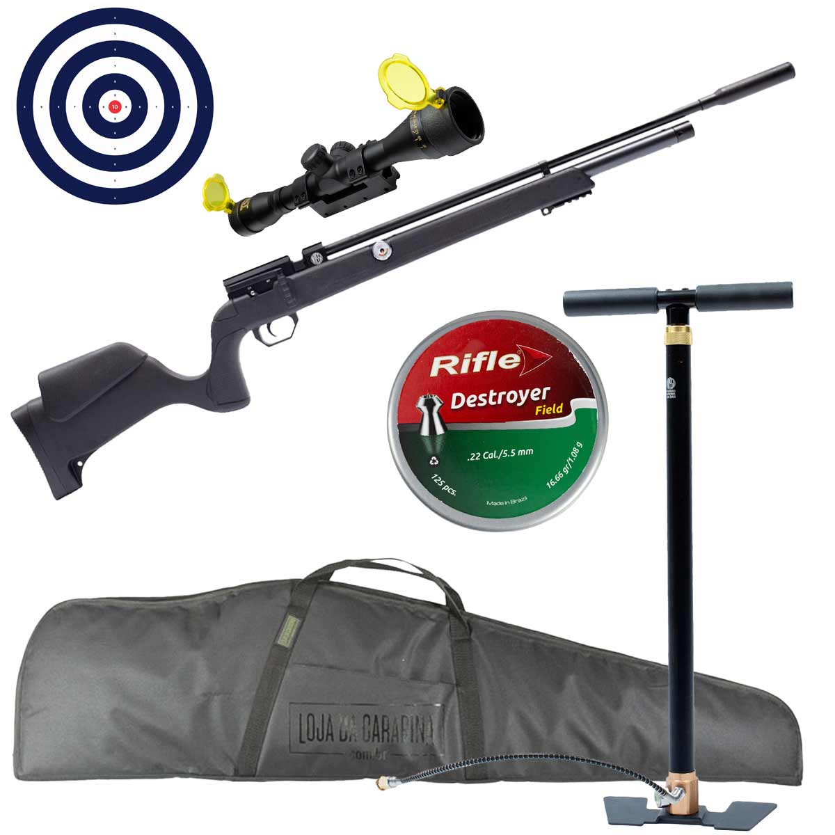 Carabina PCP Rossi Outlander Black 6.35mm + Bomba Manual + Luneta 4x32 Gold Crown + 125Un Chumbinho + Capa + Alvos
