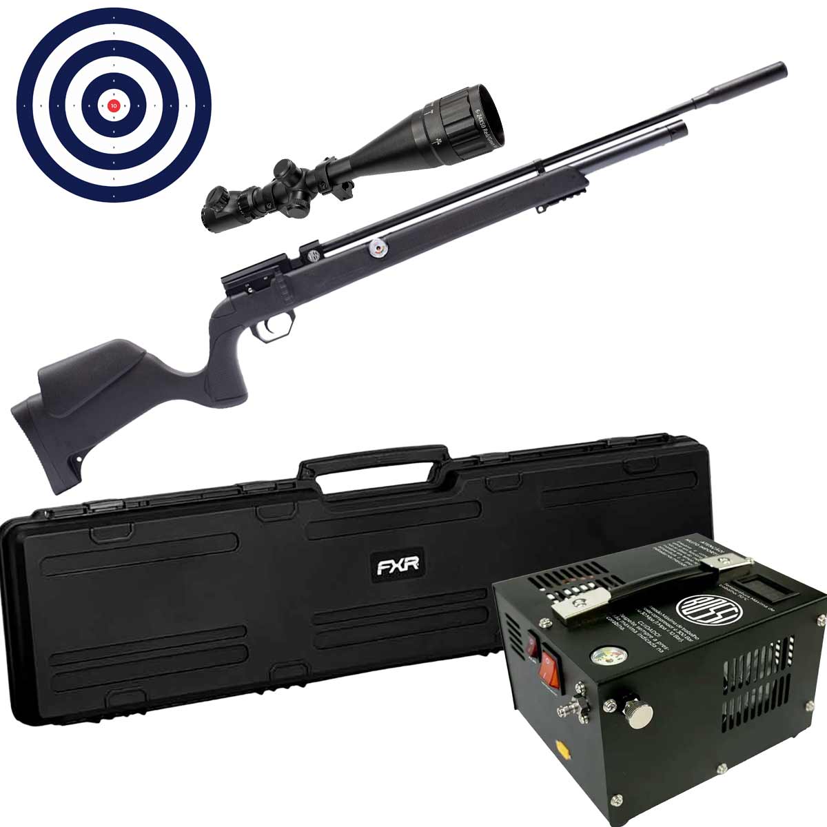 Carabina PCP Rossi Outlander Black 6.35mm + Compressor + Luneta 6-24x50 Rossi + Case Rígido + Alvos