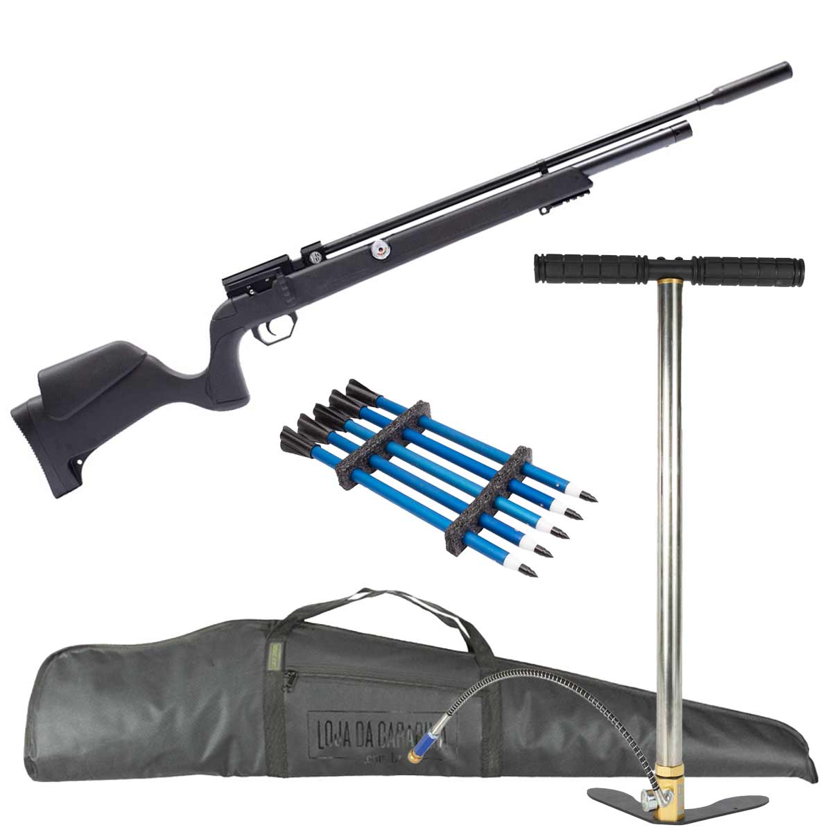 Carabina PCP Rossi Outlander Black 6.35mm Alto Fluxo + Kit 5 Flechas Alumínio PCP + Bomba Manual + Capa