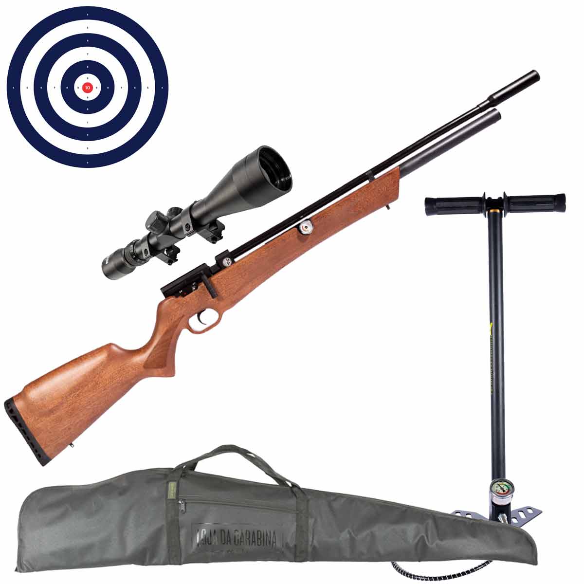 Carabina PCP Rossi Outlander VR Madeira 5.5mm + Luneta 3-9x40 + Bomba Manual PCP + Capa + Alvos