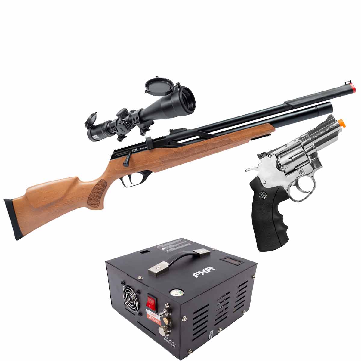Carabina PCP T-Rex Wood 5.5mm + Luneta 3-9x40 + Revolver Rossi Pressão + Compressor Portatil