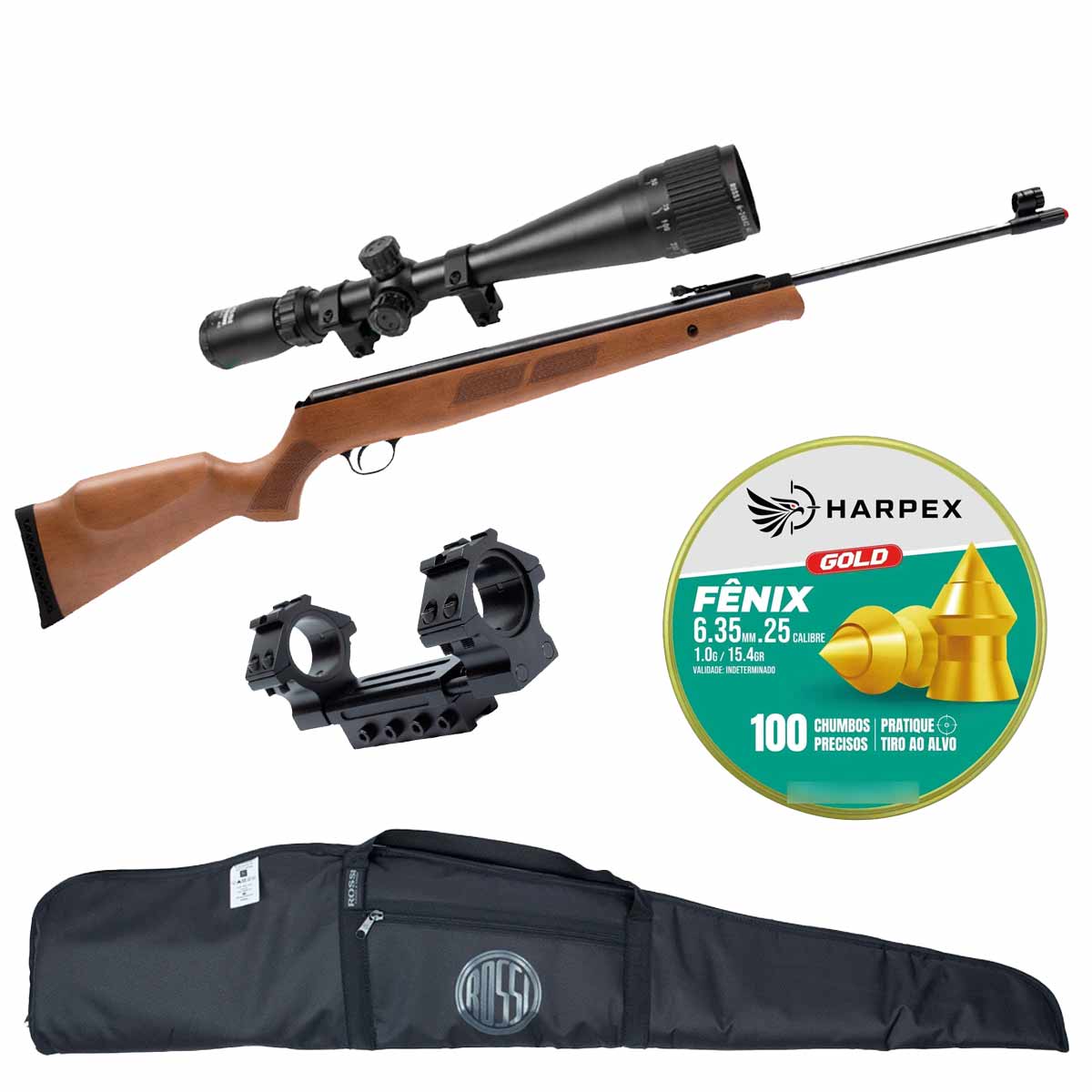 Carabina Rossi Black Bear 6.35mm + Mount Absorção + Luneta 6-24x42AO + Capa Rossi + Chumbinho Harpex
