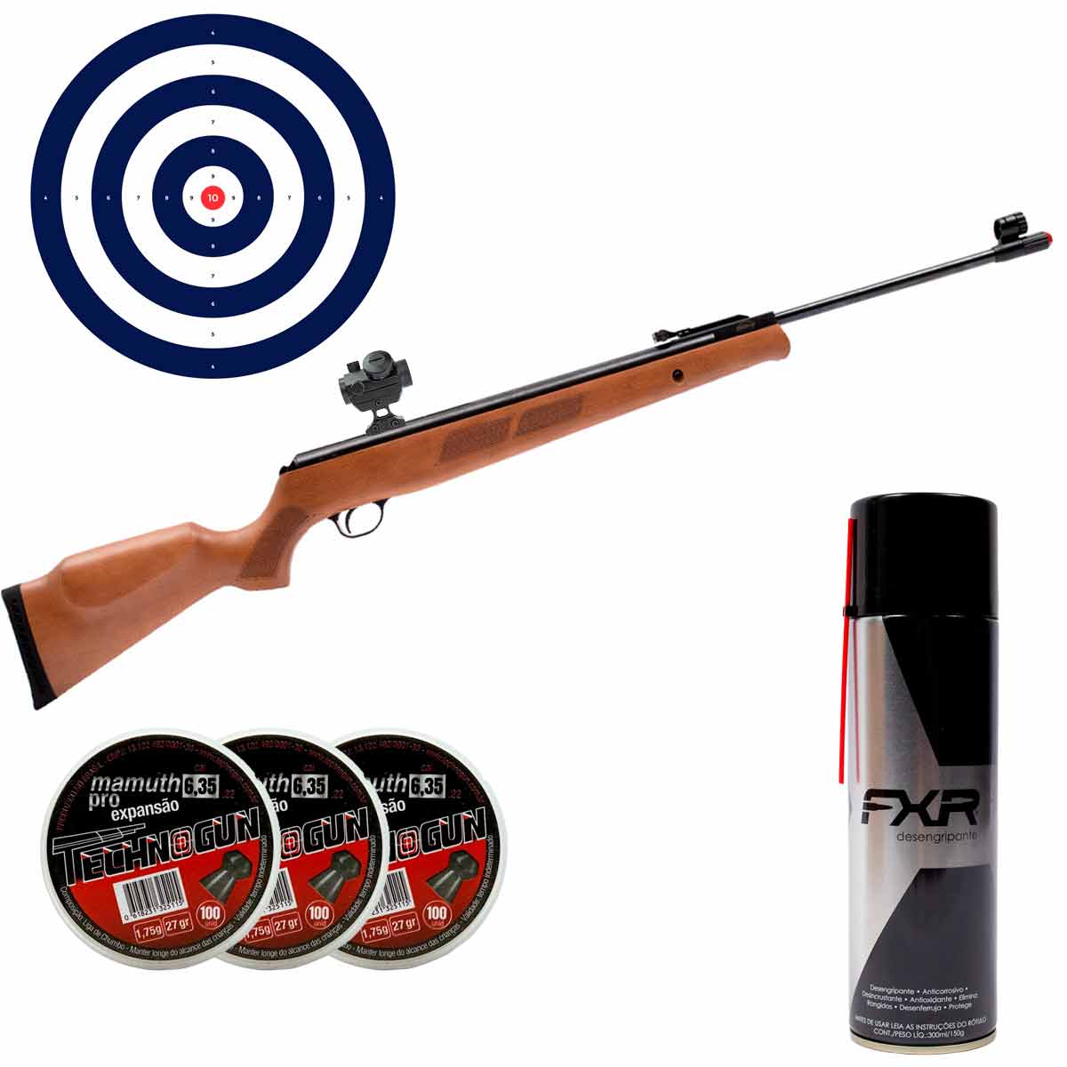 Carabina Rossi Black Bear Nitro 6.35mm Gás Ram 100Kg + 300Un Chumbinho + Red Dot T4 1x22 + Desengripante + Alvos