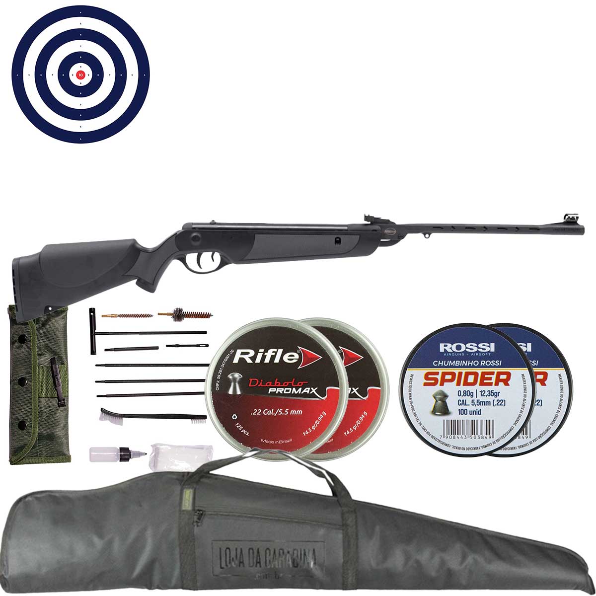 Carabina Rossi Dione Sport Nitro 5.5mm + Capa LC + Kit Chumbinhos + Kit Limpeza + Alvos