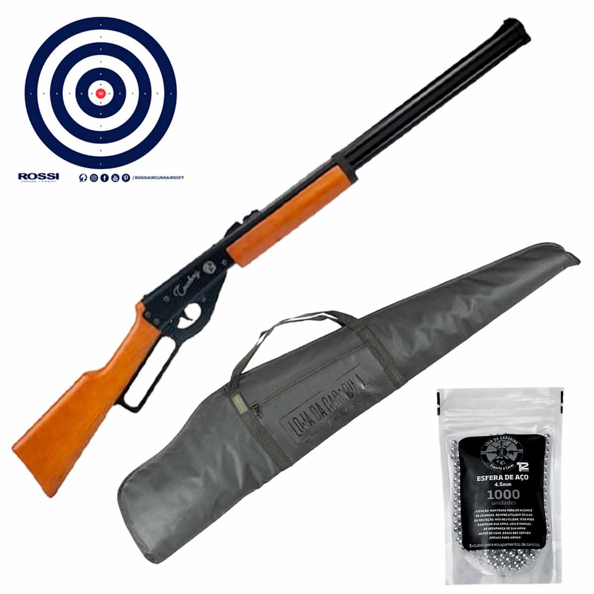 Carabina Rossi Lever Action Wood 4 5mm + Capa Universal + 1000Un Esfera de aço 4.5mm + Alvos