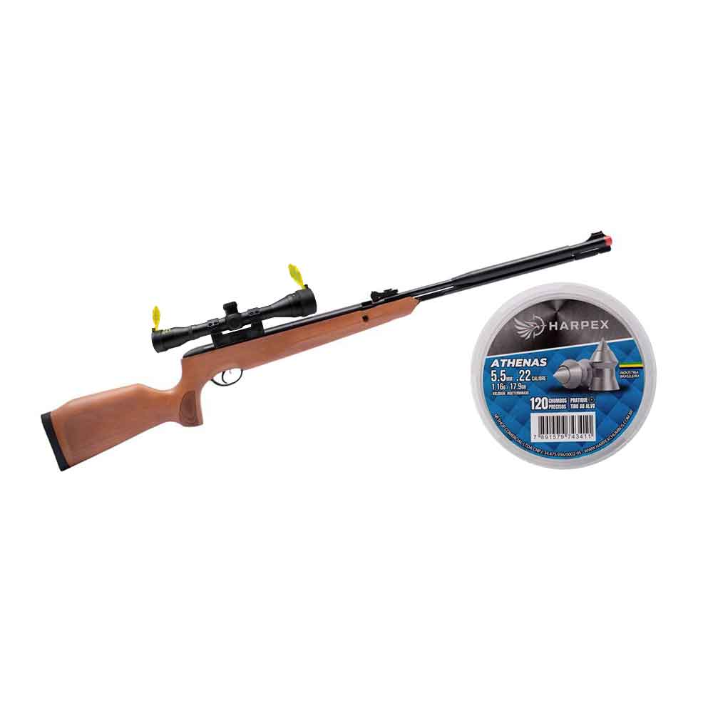 Carabina TAG Naja Wood 2.0 Nitro 5.5mm Cano Fixo + Luneta Flash 4x32 TAG + Chumbinho Harpex 120 Un