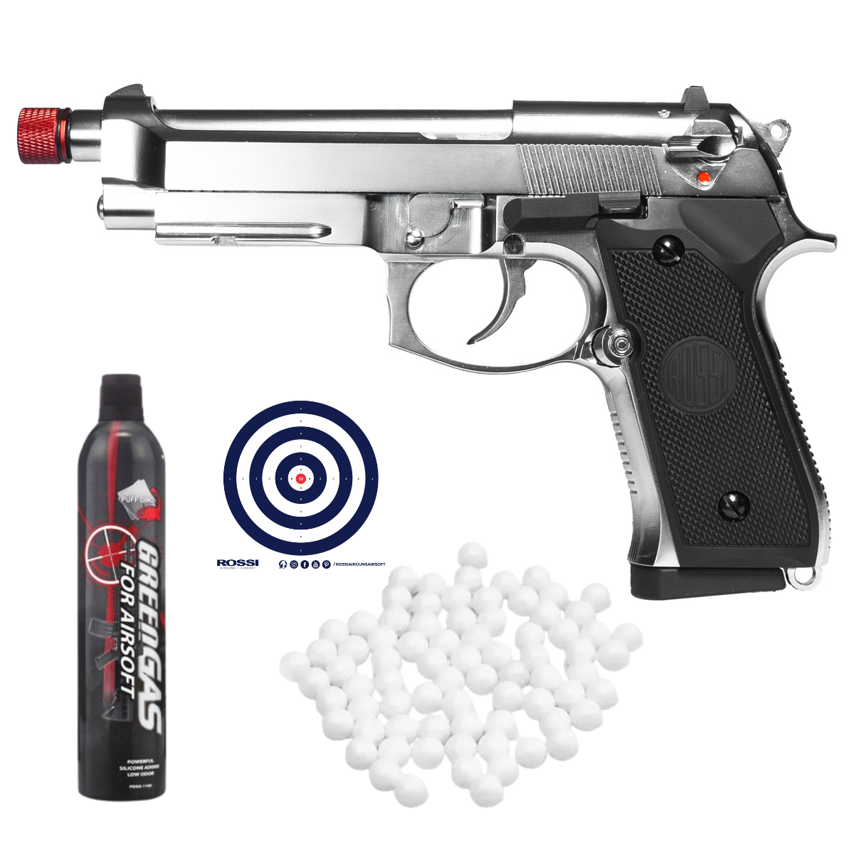 Pistola Airsoft GBB Rossi Beretta M92 Silver Full Metal / Full Auto + Green Gás + BBs + Alvos