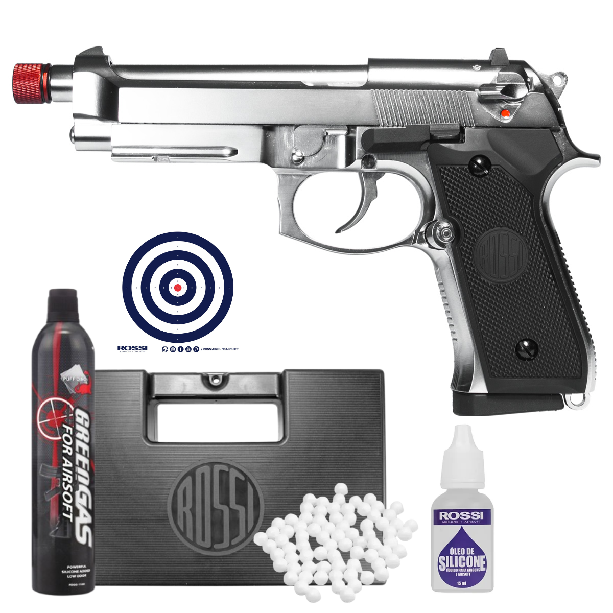 Pistola Airsoft GBB Rossi Beretta M92 Silver Full Metal / Full Auto + Maleta + Green Gás + BBs + Silicone + Alvos