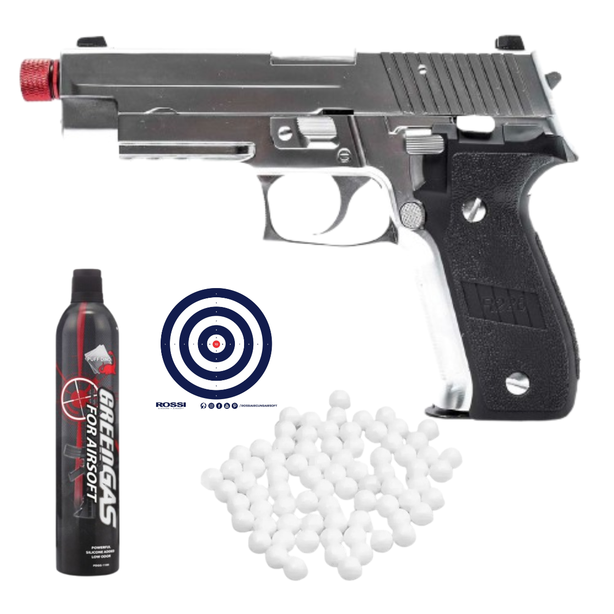 Pistola Airsoft GBB Rossi Sig Sauer P226 Silver Full Metal / Full Auto + Green Gás + BBs + Alvos