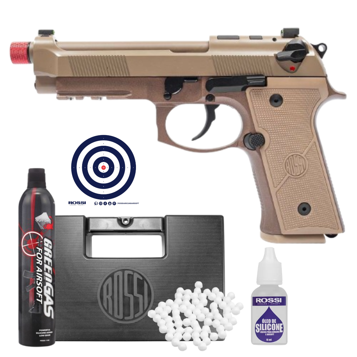 Pistola de Airsoft GBB Rossi Beretta M9A4 Tan Full Metal + Maleta + Green Gás + BBs + Silicone + Alvos
