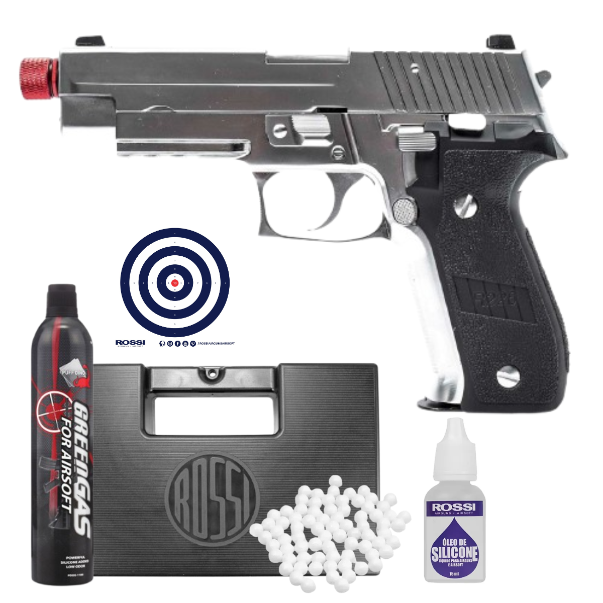 Pistola Airsoft GBB Rossi Sig Sauer P226 Silver Full Metal / Full Auto + Maleta + Green Gás + BBs + Silicone + Alvos