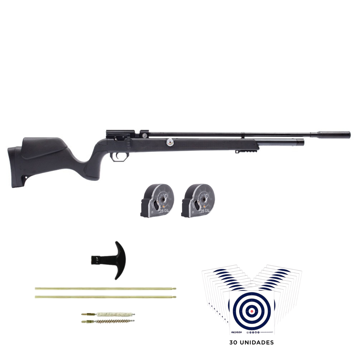 Carabina PCP Rossi Outlander Black 6.35mm Alto Fluxo + Kit Limpeza 6.35mm + Alvos de treino