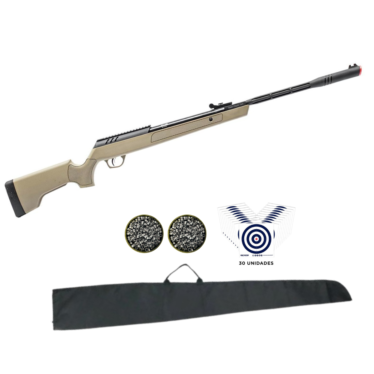 Carabina de Pressão Artemis Dark Eagle TAN Nitro 5.5mm Gás Ram 80kg + Capa Para Carabina + 200 Chumbinhos + Alvos