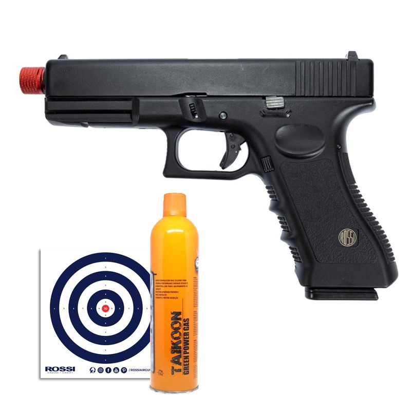 Pistola Airsoft GBB Rossi Glock V17 6mm + Cilindro Green Gás Leão 12Kg + Alvos 14x14 Rossi