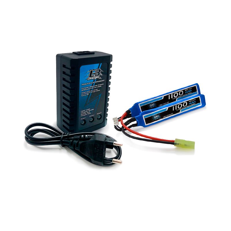 Bateria Airsoft LiPo 7.4V 1100mAh + Carregador Compacto L3