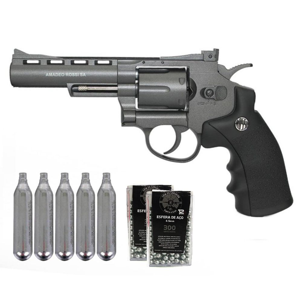 Revolver de Pressão Rossi 4" Co2 4.5mm + Cilindro Co2 12g + Esfera de aço 4.5mm