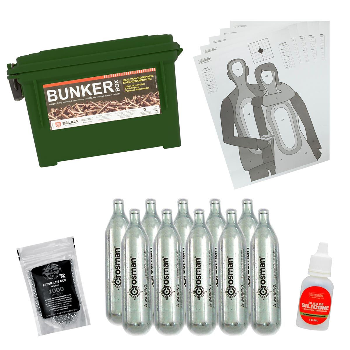 Caixa de Munição Bunker Verde + Cilindro Co2 + Esferas de Aço 4.5mm + Silicone + Alvos